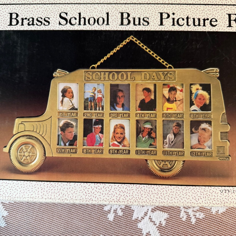 Vintage School Bus Picture Frame Kids OS Gold‎ New Brass School Days 12 Photo